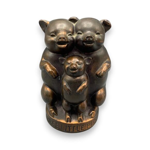 Three Little Pigs Cast Metal Piggy Bank Coin Worn Copper Tone Finish Key USA - Picture 1 of 7